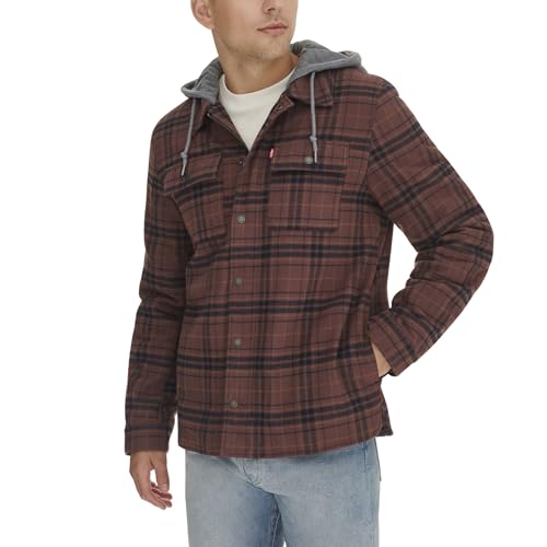 Image of Levi's mens Plaid Sherpa Lined Hooded Shirt Jacket (Regular & Big & Tall Sizes)