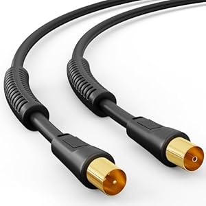 HB-DIGITAL TV Antennenkabel 1 m – Koaxialkabel für UHD, 4K & 8K HDTV – mit Mantelstromfilter & 2× Ferritkern – DVB-T/DVB-T2 / DVB-C – Vergoldete Stecker – Schwarz
