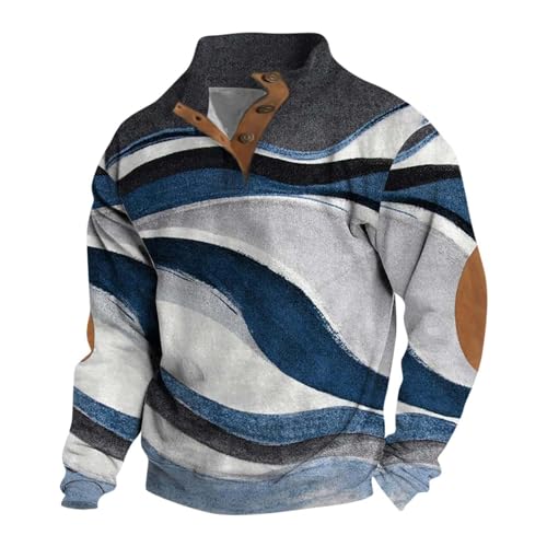 Mens Sweatshirt Graphic Fleece Elbow Patches Relaxed Fit Pullover Stand-Up Collar 1/4 Button Down Fall Printed Outfits