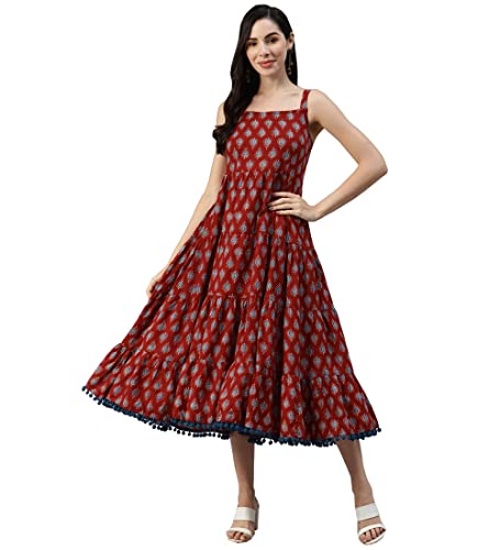 Image of Divena Rayon Cream A-Line Floral Printed Midi Dress