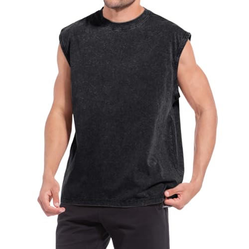 Sleeveless Muscle Cut Off Shirts for Men Gym Workout Running Beach Tank Tops Acid Wash Cotton Tshirt Loose Fit Tees
