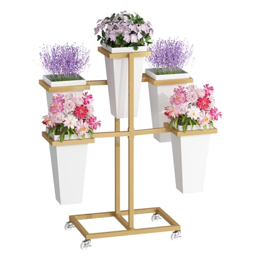 MILEFA Flower bar Stand with Buckets, Moving Flower display stand with Wheels, Metal Flower cart for Bridal Shower, Wedding, Party, Garden, Gold