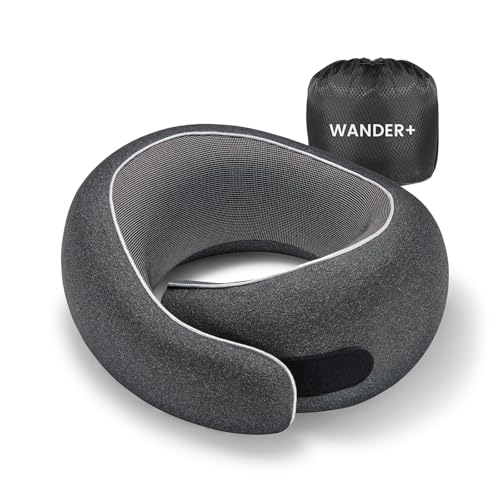 WANDER PLUS® Travel Neck Pillow, Pure Memory Foam Neck Pillow for Airplanes, Comfortable Breathable Cover, 360 Degree Support Ergonomic Design Best for Sleeping Plane Train Travel Essentials Max Black