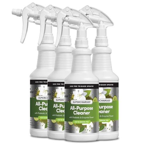 Image of Clean Revolution SuperCharged All Purpose Cleaner Refill with Smart Probiotic + Enzyme Complex, Multi-Surface Kitchen Bathroom & Floor Cleaner, Lily & Green Tea, 32 Fl Oz (Pack of 4)