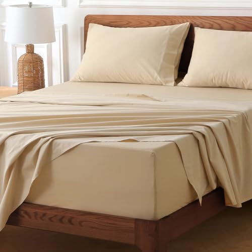 HYPREST Deep Pocket Queen Sheets Beige-100% Cotton Sheet Sets Fits 18"-24" in Deep Mattress, Hotel Luxury Soft Wrinkle Free Cooling Sheet Sets for Queen Bed Deep Pocket