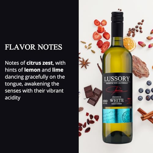 Image of Lussory Premium Chardonnay Alcohol Removed 0.0% Dealcoholized Non Alcoholic White Wine From Spain, Low Calories, Low Sugar, Halal Certified (750ml, 6 Bottles)