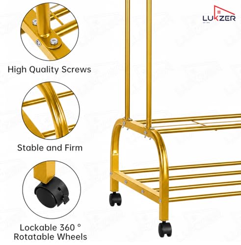 Image of Lukzer Metal Garment Stand with 6 Shelves & Double Rods, Heavy-Duty Clothing Rack with Side Hooks & Wheels, Multi-Functional Storage Organizer for Bedroom, Laundry & Entryway - (MGS-008 /Gold)