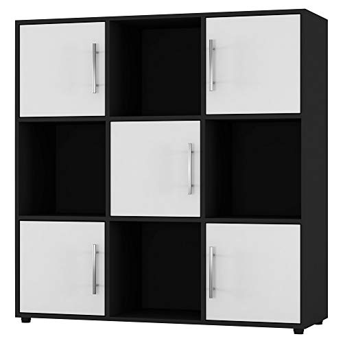 URBNLIVING Bibliothèque cubique noire avec porte en bois, poignée en métal, étagère de rangement (porte blanche, cube 3 x 3 (9 cubes) Cover