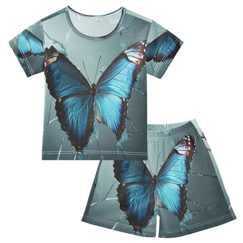 ALAZA Blue Butterfly 3d Pajamas Set Short Sleeve Cotton Sleepwear Summer Pjs 2 Piece 5-14Y