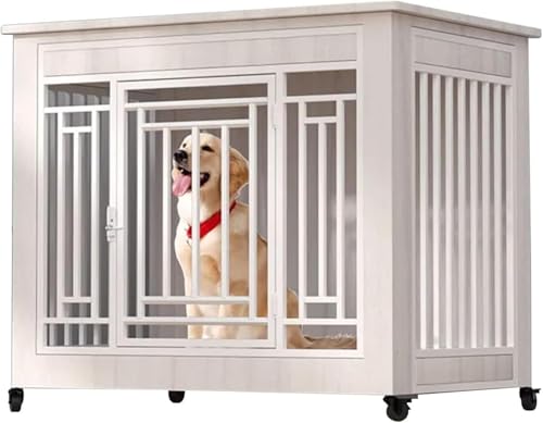 ヘビーデューティ 木製 犬用クレート家具 エンドテーブル 中型犬向け ドアロック付き ペットトレイ付き (ホワイト)