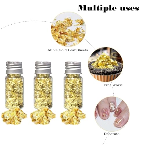Lonwiner 4 Stück Gebäck Blattgold Flocken, Tortendeko Hochzeit Blattgold Essbar Cupcake Deko Essbarer Glitzer Dessert Goldfolie Flocken
