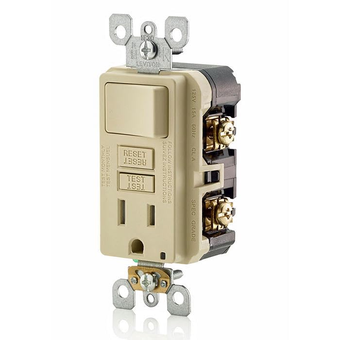 Image of Leviton GFCI Combination Outlet with Switch, 15 Amp, Self Test, Tamper-Resistant with LED Indicator Light, Saves Space, GFSW1-I, Ivory