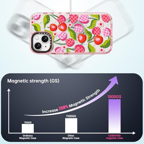 Rosarnnah for iPhone 14 Case Cute - Compatible with Magsafe - Durable Shockproof 6.6 ft Drop Impact Phone Case - Funny Plaid Cherry Design (6.1") Glitter Pink by Rosarnnah - Image 2