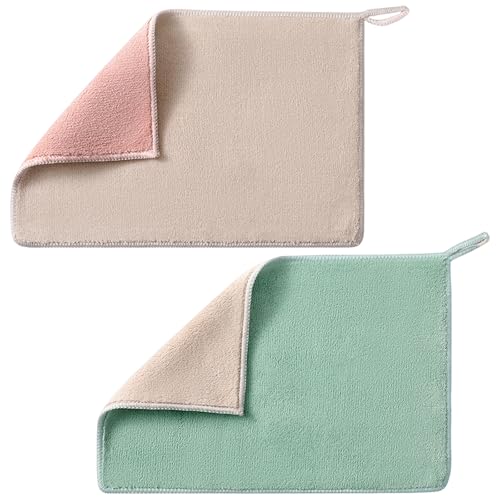 BCHMN Pack de 2 Bayetas de Cocina de Microfibra con Borde Sobrehilado y Cordón para Colgar, Paños de Limpieza Ultra Absorbentes y Suaves para Hogar, Color Verde y Caqui