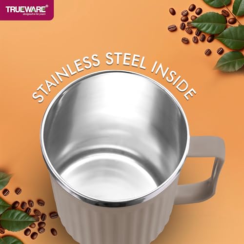 Image of Trueware Frost Unbreakable Mugs 400 ml with Cap Stainless Steel Plastic Covered Travel Mug with lid for Tea, Coffee, Milk (Peach)