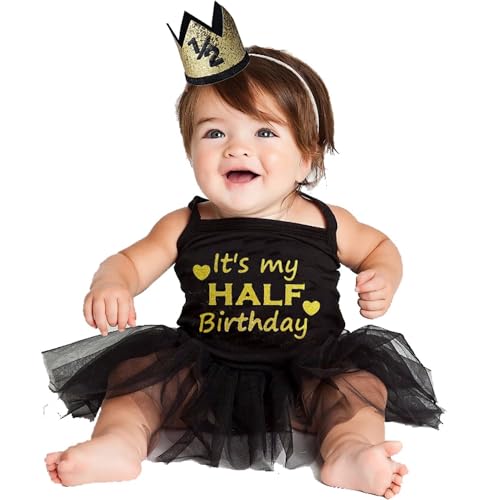Kirei Sui Baby Half Birthday Tulle Tutu Bodysuit Dress Outfit Romper & 1/2 Gold Crown Headband