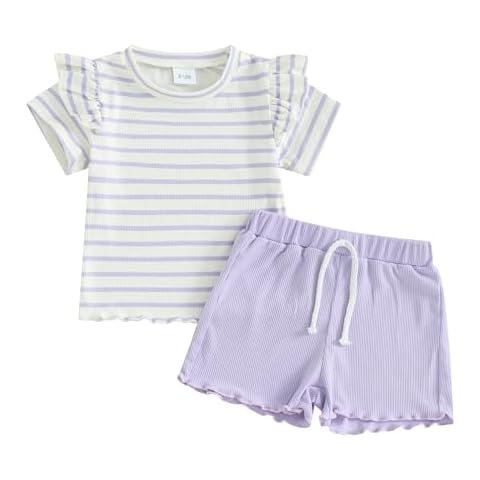 Mandizy Toddler Baby Girl Clothes Summer Waffle Knit Ruffle Short Sleeve Striped Print T-Shirt Tops Shorts Set Outfit (Purple Solid, 3-4 Years) Cover
