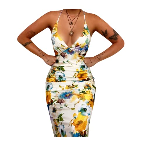 HEYPORK Damen Frühling Sommer Casual Mode Bequem Kleider Elegant Rock Frauen Bedruckt Sexy Neckless Rucksack hip Kleid(Gelb, M)
