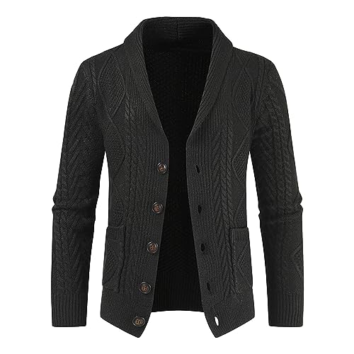 Mens Casual Shawl Collar Cardigan Sweater Button Down Open Front Knitwear Cable Knitted Ribbed Outwear With Pocket