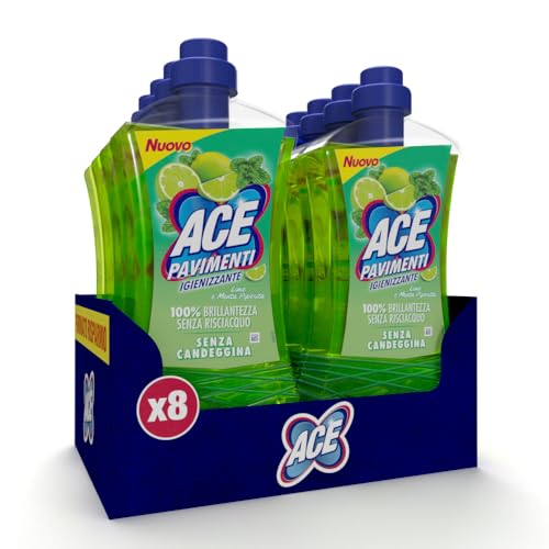 ACE Pavimenti Igienizzante Lime e Menta Piperita – Detersivo Pavimenti Casa, Pulizia e Igiene Profonda, Rimuove Sporco Ostinato, Senza Risciacquo, Fresco Profumo, 8 bottiglie da 1 Litro