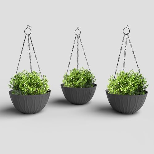 Image of YUCCABE ITALIA SHERA Hanging Wave 8 INCH, Plastic Flower Pot with Drainage Holes Round Planter Pot Suitable for Inddor Outdoor Kitchen (Grey, Pack of 3)