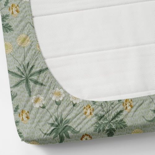 Image of Premium Cotton Fitted Bedsheet King Size 78 x 72 x 8 Inches with 2 Pillow Covers | 220 TC | All-Around Elastic Deep Pocket Bed Cover | Sage Green Yellow Floral