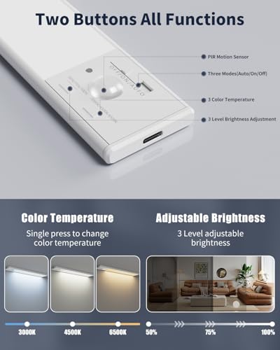 Image of Under Cabinet Lighting, 12 Inch Motion Sensor Light Indoor, 1800mAh USB Rechargeable Closet Light, 3 Color Temperature Operable LED Lights, Can Be Used for Wardrobes, Cabinets, Stairs (3 Pack)