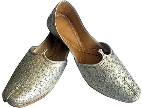 Men's Flat Silver Wedding Khussa Shoes Traditional Indian Leather Loafer Punjabi Jutti2