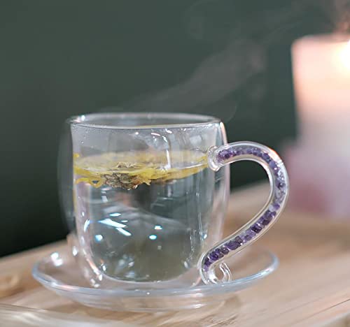 Crystal Tea Cups Natural Gemstones Rose Quartz And Amethyst. Healing Drinking. Set Of 2 Double Glass Coffee Mugs, Gifts For Birthday, Wedding, Christmas, Special Occasions #TOP4