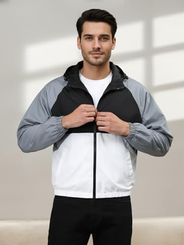 Image of CHKOKKO Mens Stylish Oversized Windcheater Jacket with Zip Closure Lightweight Sportswear for Running Travel Hiking Outdoor and Rainy Season Wear BlackWhiteGREY XXL