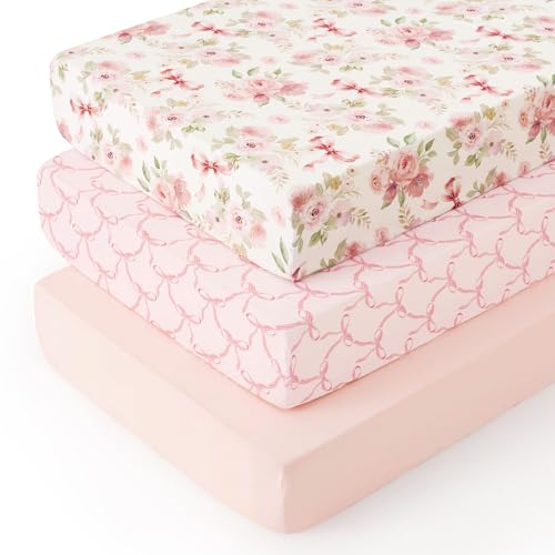 Image of PHF 3 Pack Soft Floral & Bow Crib Sheets Fitted, Comfy Breathable Baby Sheets for Boys Girls, 28x52 Inches Fits Standard Crib and Toddler Mattresses, Floral & Bow
