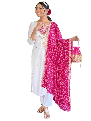 Image of Naixa Women's Viscose Embroidered Straight Kurta with Viscose Pant and Silk Blend Embroidered Laced Dupatta Sets (Available in Plus Size)