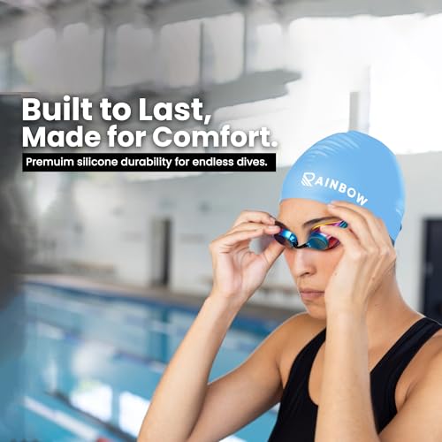 Image of Rainbow Silicone Swimming Cap for Men, Women & Kids | Stretchable Swim Cap for Long & Short Hair | Durable, Waterproof & Comfortable Fit - Blue