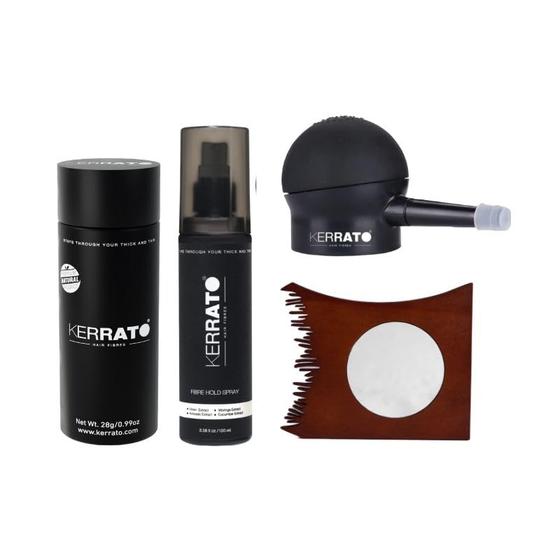 Image of Kerrato Hair Fibres 4g (Medium Brown) with FibreHold Spray (100ml), Optimizer Comb, and Pump | Confidence Kit for Fuller, Natural-Looking Hair | Hair Fiber Combo Kit