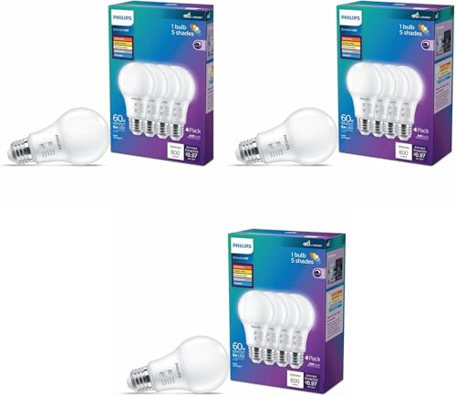 Image of PHILIPS LED A19 Light Bulbs, 8W, Selectable White, Dimmable, 12-Pack | 800 Lumen Multi-CCT 2700 K-5000 K, Frosted Flicker-Free, EyeComfort, Up to 15000 Hour Lifespan