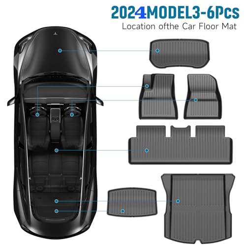 Tesla Model 3 Highland Floor Mats Custom Fit All Weather TPE Cargo Liner Cargo Trunk Accessories,Compatible 2025 2024 Tesla Model 3 (2025 2024 Model 3 Full Floor Mat Kit Set of 6