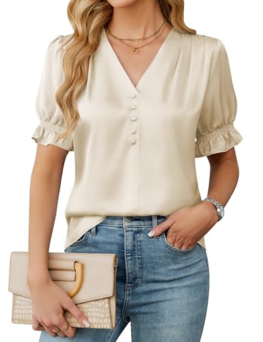 BMJL Womens Blouses Dressy Casual Satin V Neck Short Sleeve Shirts Business Casual Tops for Women