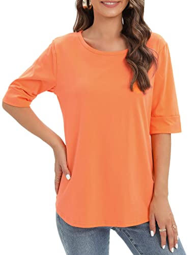 Beimuc Women's Summer T-Shirt - Short Sleeve Crewneck Loose Fit Tunic With Side Split, Orange, Small - View #9