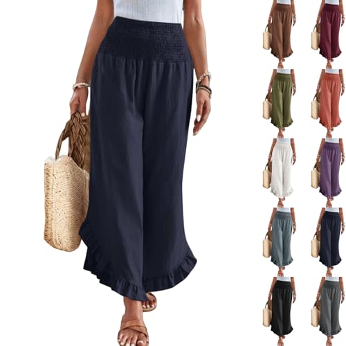 Boho Pants for Women Wide Leg Cotton Linen Flowy Beach Pants Palazzo High Waisted Ruffle Hem Summer Travel Pants