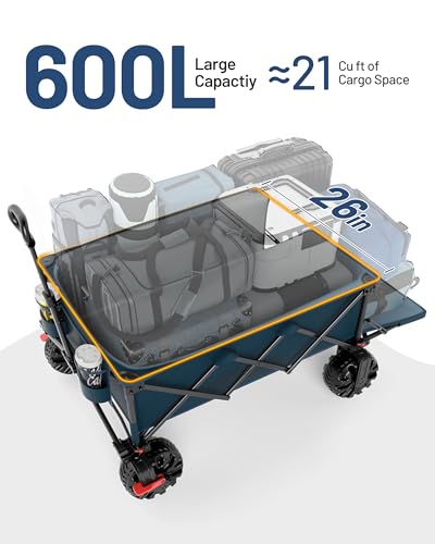 Image of TIMBER RIDGE 600L Beast Wagon 26 inch W Extra Wide All Terrain Folding w /Big Wheels, Cargo Net & Tailgate, 26 inch W and 54.5 inch L, 400lbs Heavy Duty Collapsible Portable Cart for Camping, Sports, Dogs, Blue