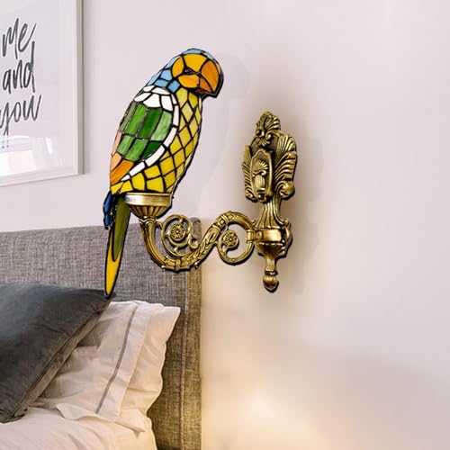 Image of Parrot Tiffany Wall Sconce Handmade Stained Glass with LED Bulb | Handmade parrot stained glass Tiffany wall sconce, vintage style, 1 light, LED bulb for living room bedroom hallway