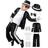 meiodtion Kinder Retro Pop Star Kostüm 7-teiliges Set Paillettenjacke Gestreifte Hose Mit Hut Sonnenbrille Handschuhe & T-Shirt 90er Jahre Outfit Für Halloween Karneval Bühnenauftritt & Mottoparty