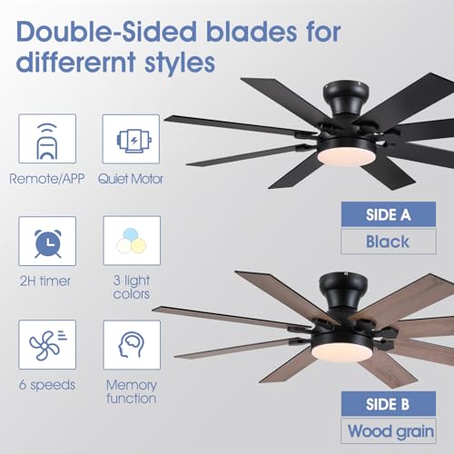 Image of 52 inch8-Blade Black Modern Low Profile Ceiling Fans with Lights and Remote /APP | Supports Remote and APP,6 Wind Speeds, Reversible, Dimmable 3CCT LED Light, 30W Quiet DC Motor,2H Timer,8 Double-Sided Blades