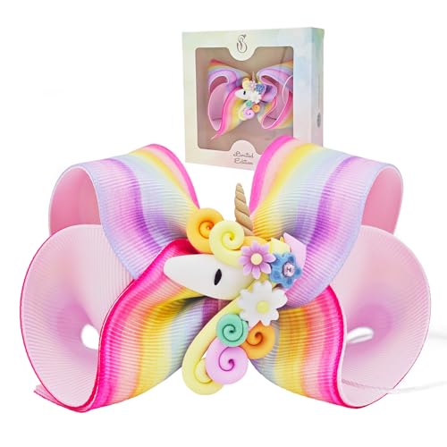 Gift Box Rainbow Unicorn Hair Bow for Girls, Children Double Laye...