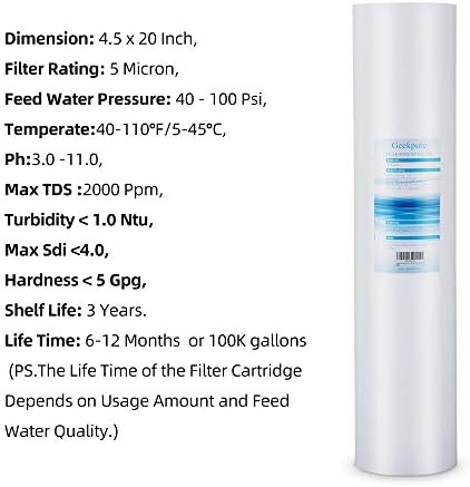 Geekpure 20 Inch PP Polypropylene Sediment Filter Cartridge for Whole House Water Filter System-4.5" x 20"-5 Micron, Pack of 4