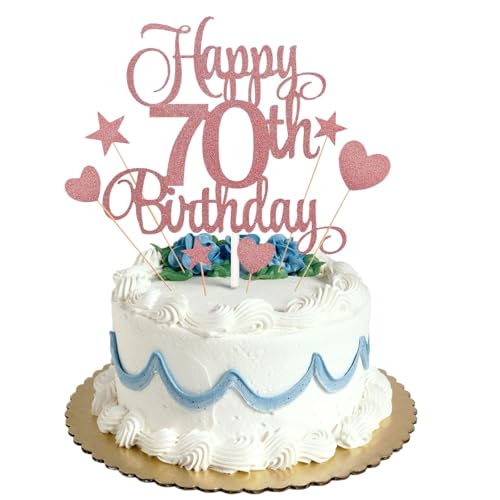 70th Happy Birthday Cake Topper Rose Gold Glitter Personalised Cake Toppers for Grandfather Grandmother Dad Mom Uncle Birthday Party Cake Decorations Kit with Star Heart Cupcake Topper