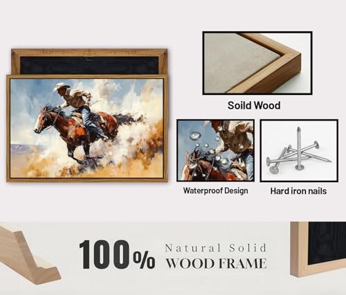 Image of Western Wall Art Retro Cowboy Framed Wall Art Cowboy Riding Horse Canvas Prints Vintage Farmhouse Western Rodeo Wall Decor for Living Room Bedroom Office Rustic Country Artwork Home Decorations 24x36