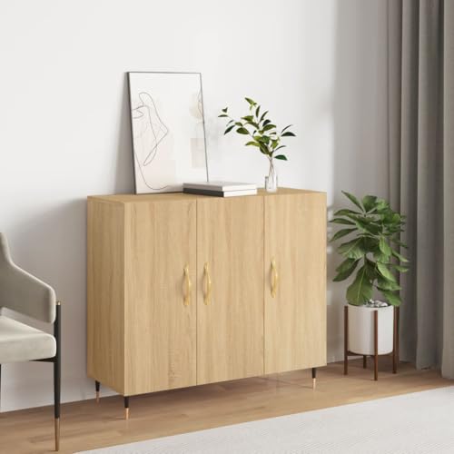 sephironlbb Aparador moderno de roble Sonoma 90 x 34 x 80 cm, armario de madera con patas de metal, mucho espacio para salón, cocina y comedor