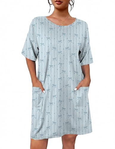 Image of Ekouaer Sleep Shirts for Women Nightgown Short Sleeves T shirt Night Dress Round Neck Womans Nightgown with Pocket S-XXL