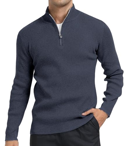 DAFENP Jersey Hombre Invierno Cuello Alto con Cremallera Suéter Punto Manga Larga Cálido Trabajo Pullover FS6783M-Blue-S